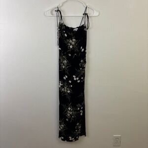 Reformation Black Floral Print Midi Dress Size 0 Smocked Bust Tie Straps